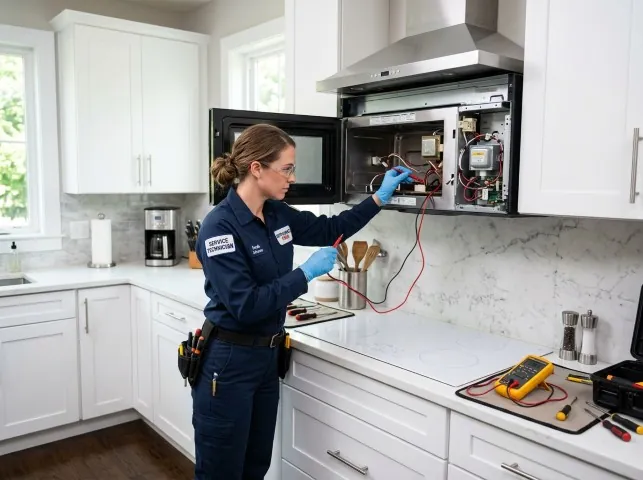 Appliance Repair Hero technician testing an over-the-range microwave in a Alabaster, AL kitchen